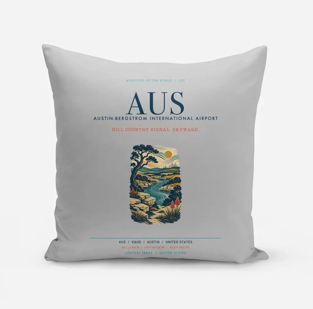 Austin-Bergstrom International Airport (AUS) design on light gray pillow
