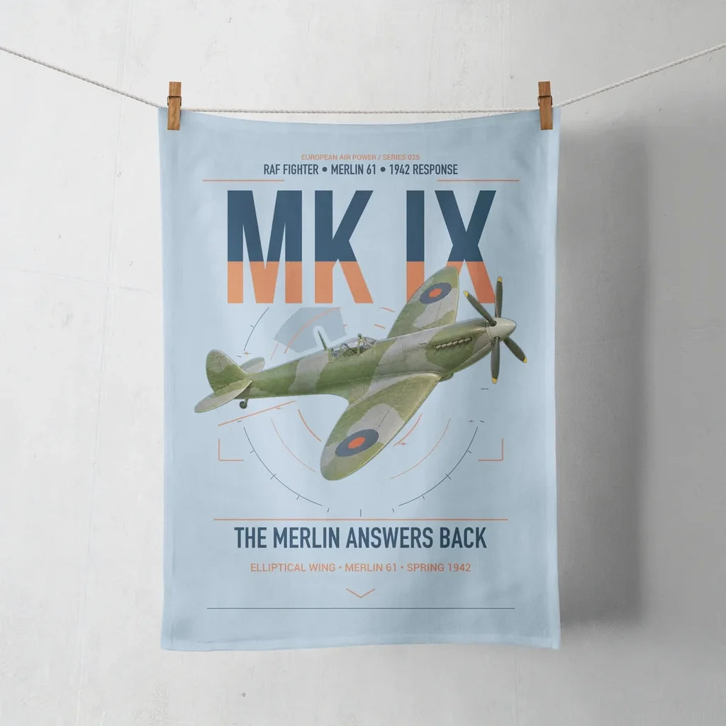 Supermarine Spitfire Mk IX design on light blue towel