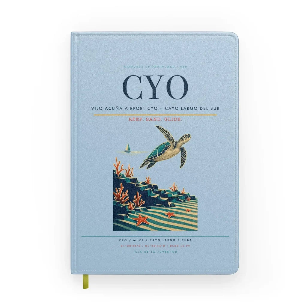 Vilo Acuña Airport (CYO) design on light blue notebook