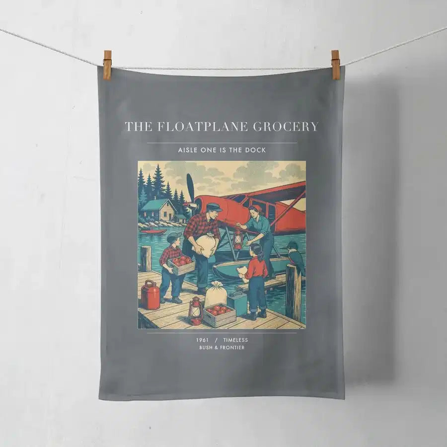 VINTAGE G4286 - The Floatplane Grocery - Designed Towels design on gray