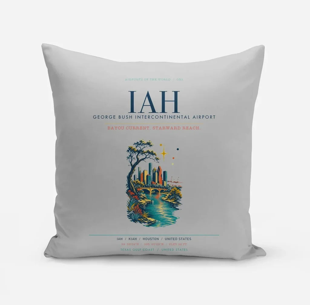 Houston George Bush Intercontinental Airport (IAH) design on light gray pillow