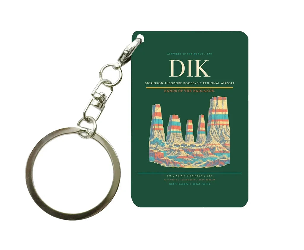 Dickinson Theodore Roosevelt Regional Airport (DIK) design on dark green key chain