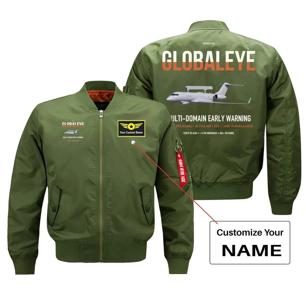 Saab GlobalEye design on green+name bomber jacket, double-side print