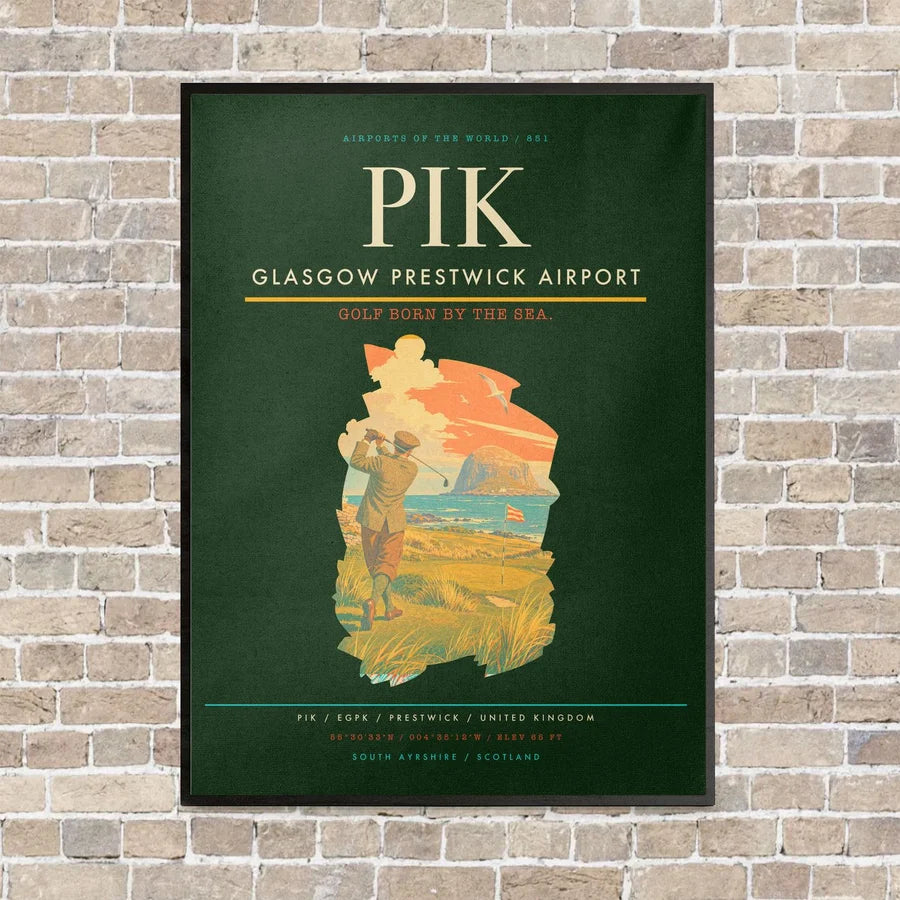 Glasgow Prestwick Airport PIK vertical canvas print - framed - dark green background