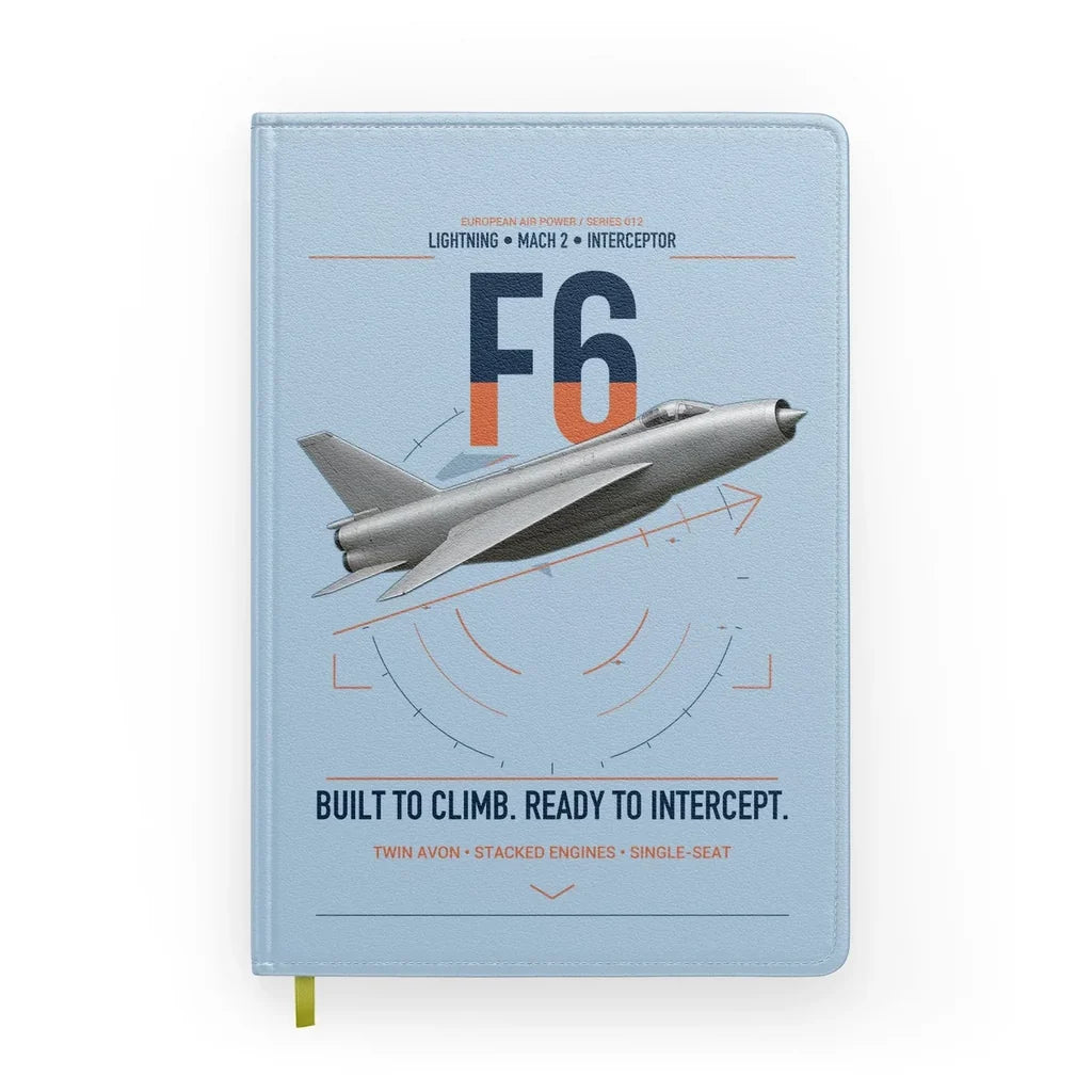 English Electric Lightning F6 design on light blue notebook