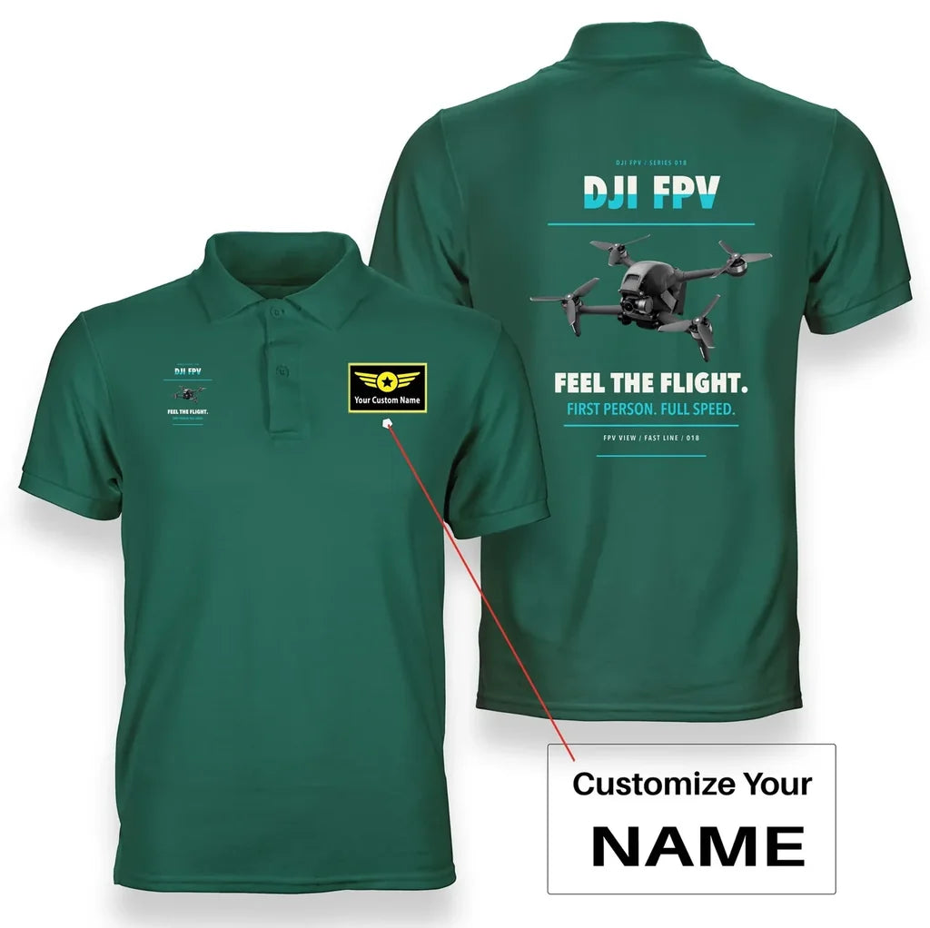 DJI FPV design on green polo with custom name badge
