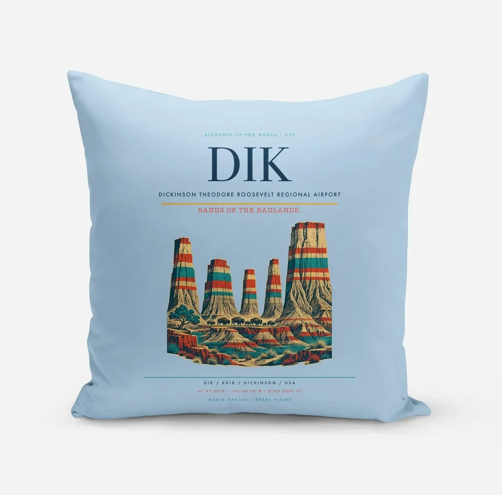 Dickinson Theodore Roosevelt Regional Airport (DIK) design on light blue pillow