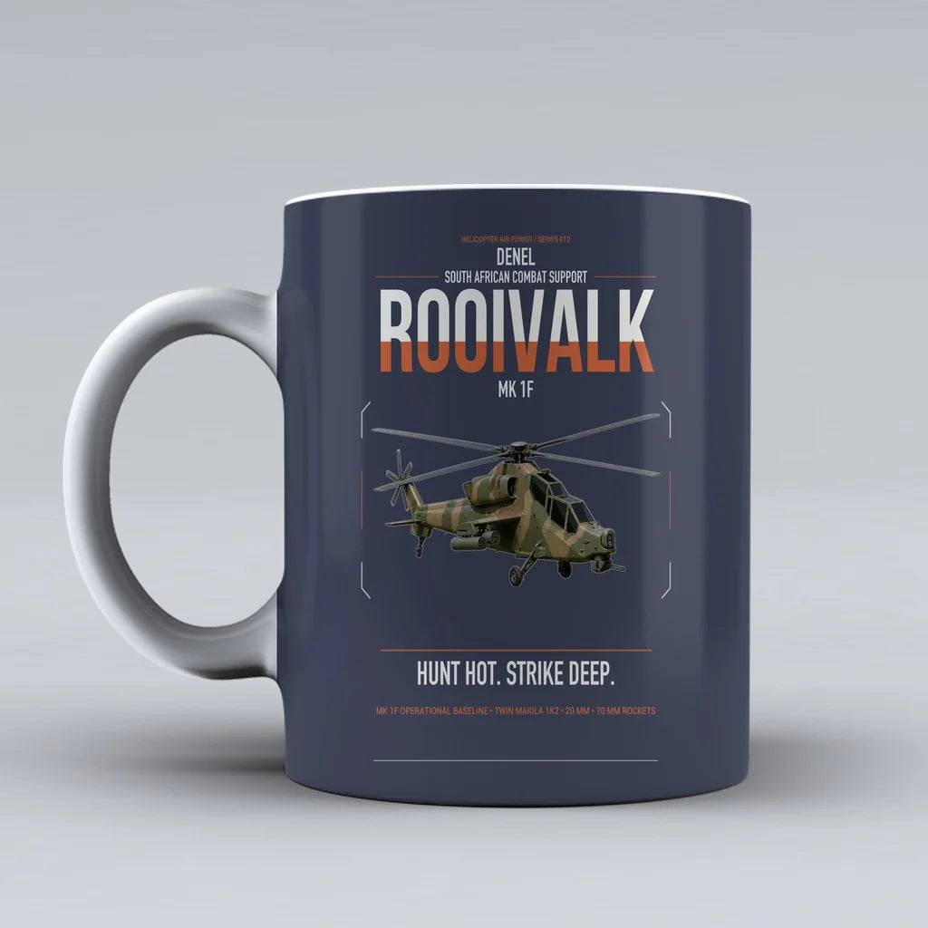 Denel Rooivalk Mk 1F design on dark blue ceramic mug, double-side print