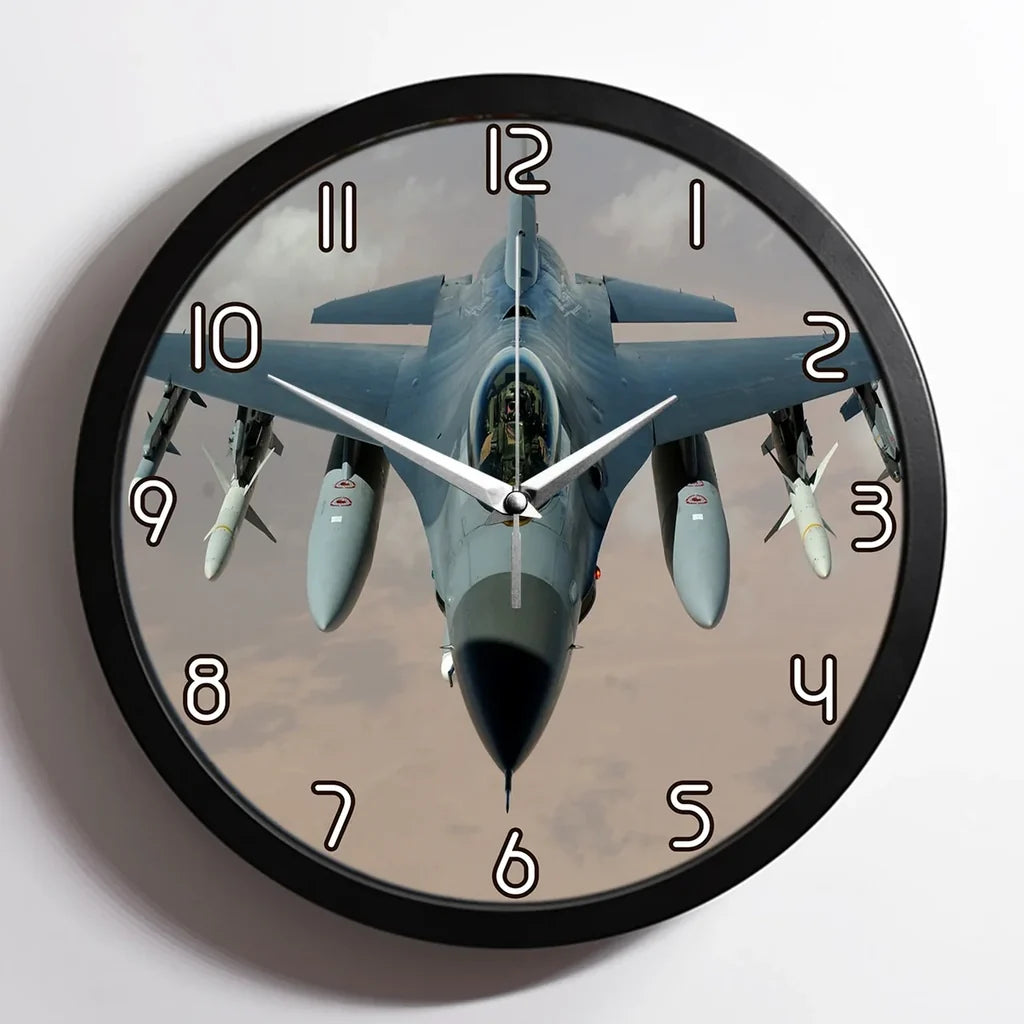Cruising Fighter Jet 16 aviation design on premium wood and metal wall clock.