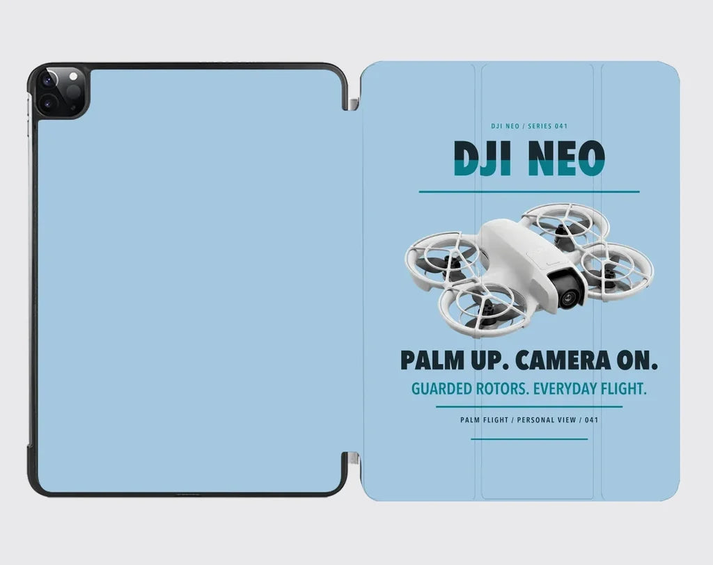 DJI Neo design on light blue ipad tablet case