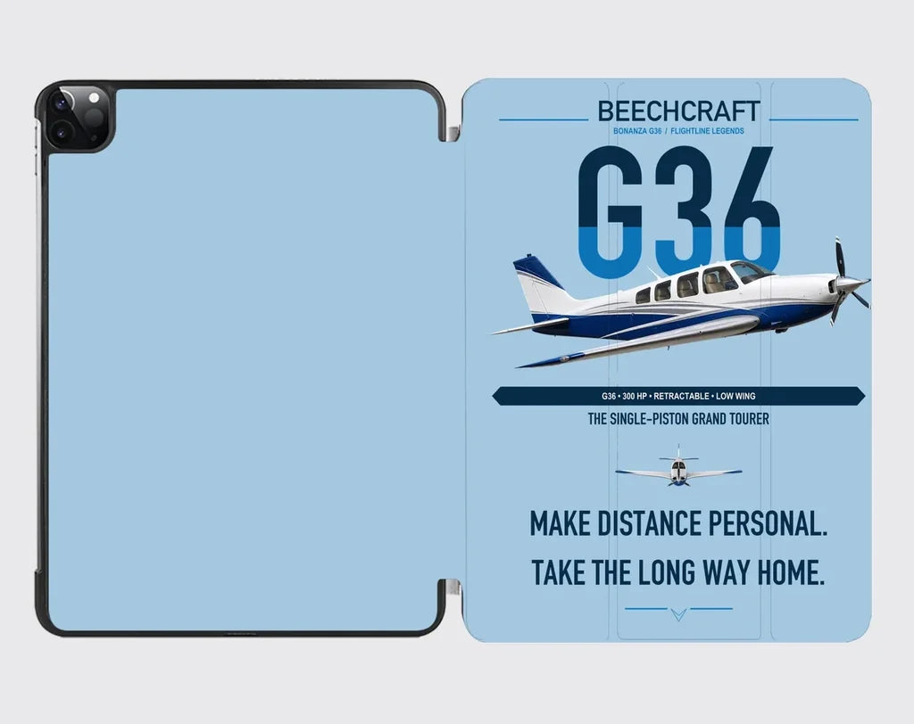 Beechcraft Bonanza G36 design on light blue ipad tablet case