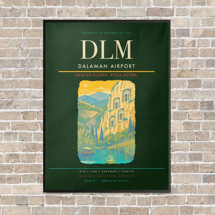 Dalaman Airport DLM vertical canvas print - framed - dark green background
