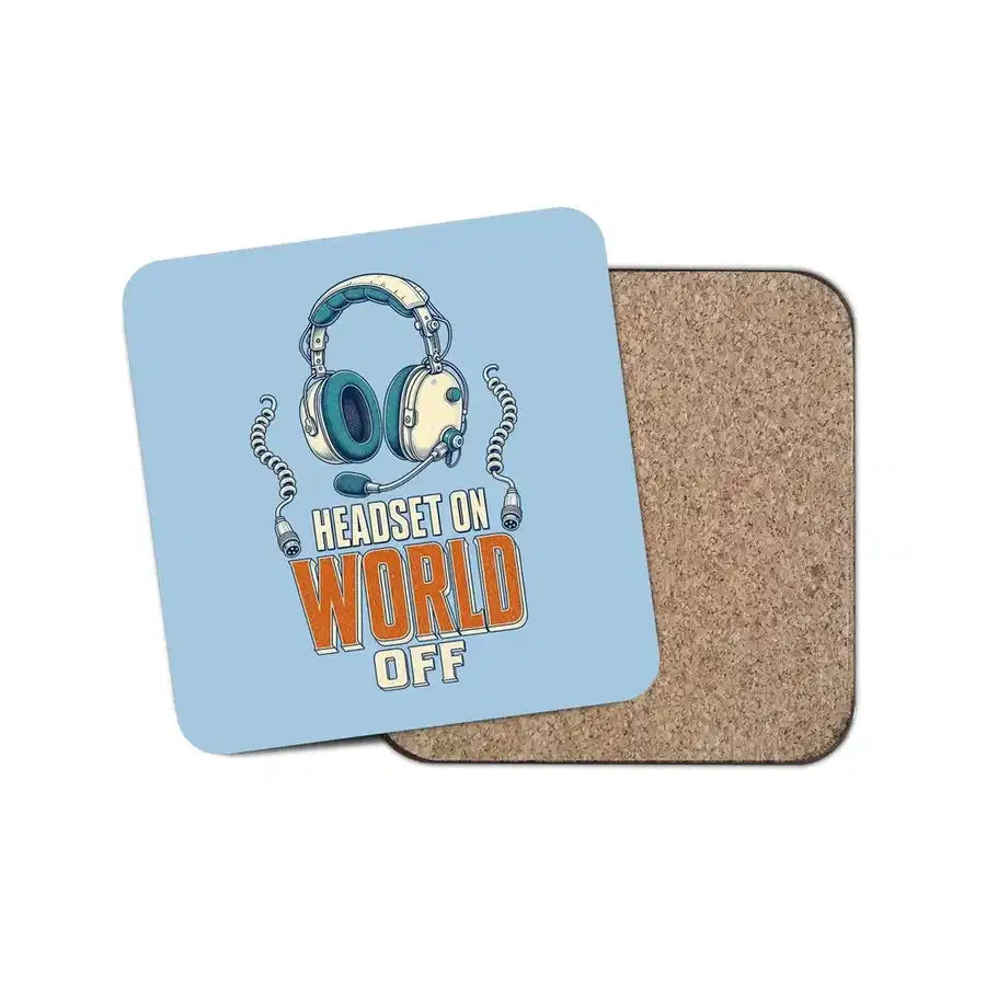 Headset On World Off design on light blue 1 piece coaster