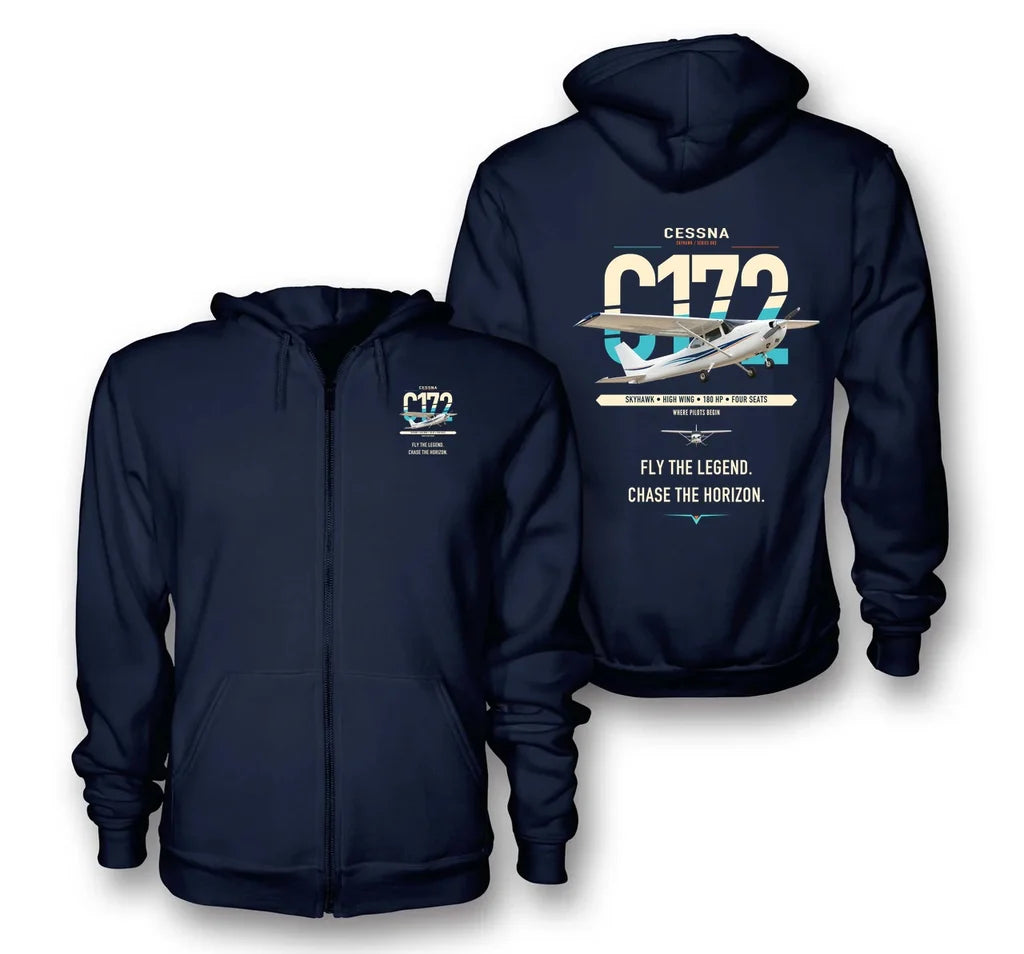 Cessna 172 Skyhawk design on navy blue premium zipped hoodie, double-side print
