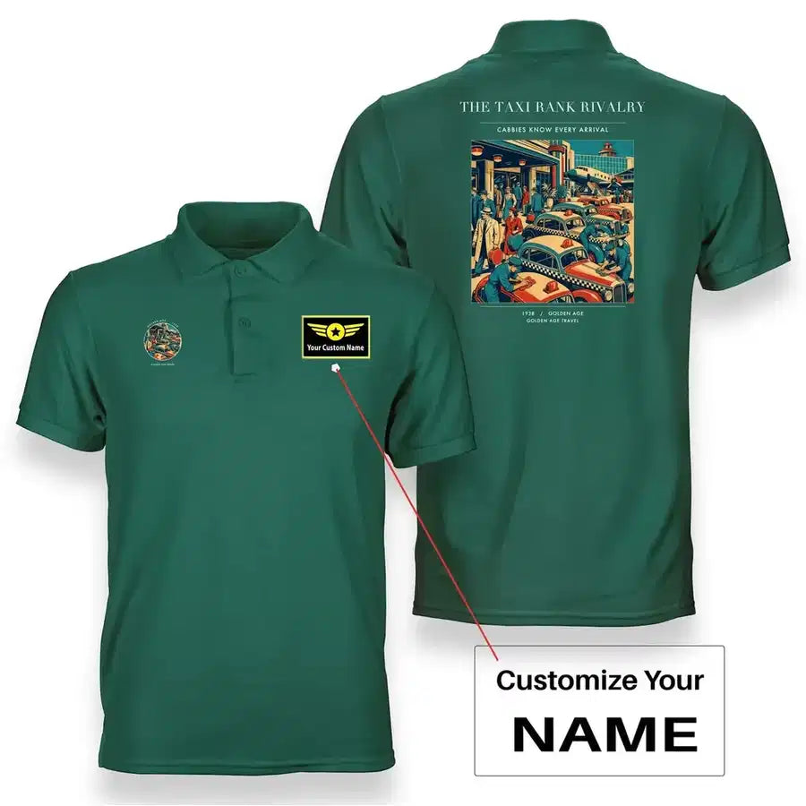 VINTAGE G4376 - The Taxi Rank Rivalry - Double-Side Polo T-Shirt design on green+name