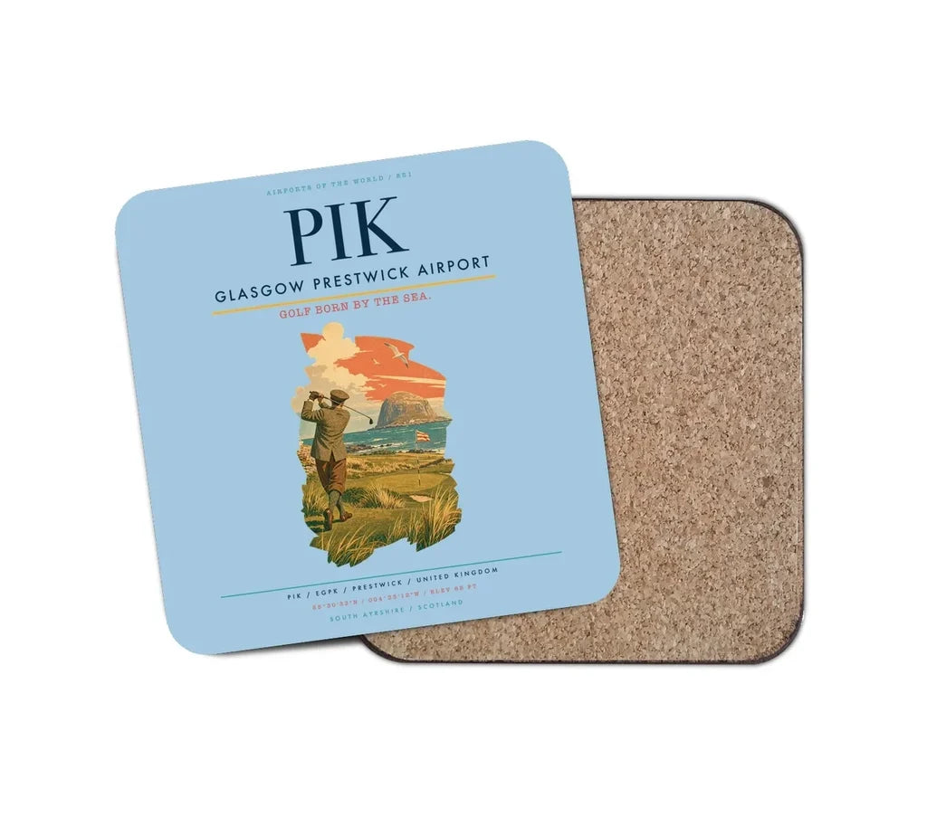 Glasgow Prestwick Airport (PIK) design on light blue 1 piece coaster