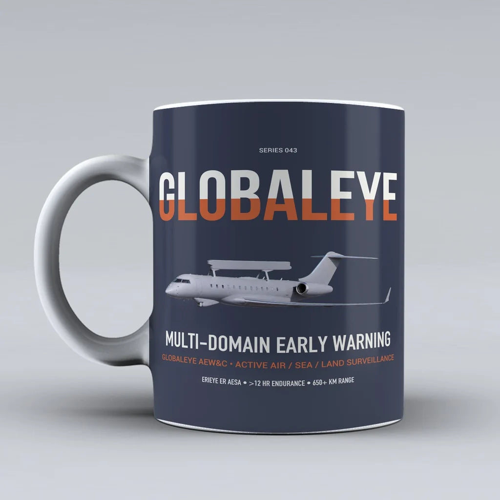 Saab GlobalEye design on dark blue ceramic mug, double-side print