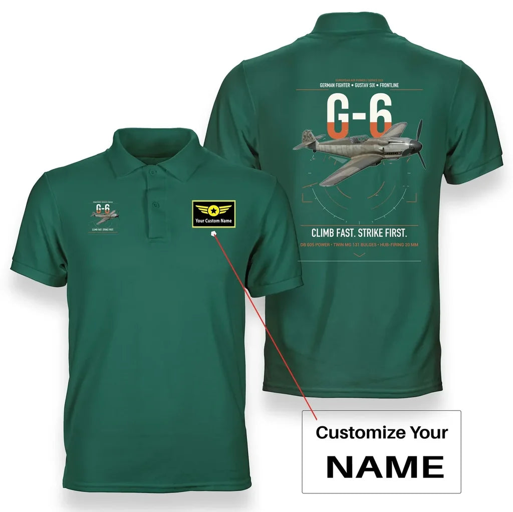 Messerschmitt Bf 109G-6 design on green+name double-side polo t-shirt, double-side print