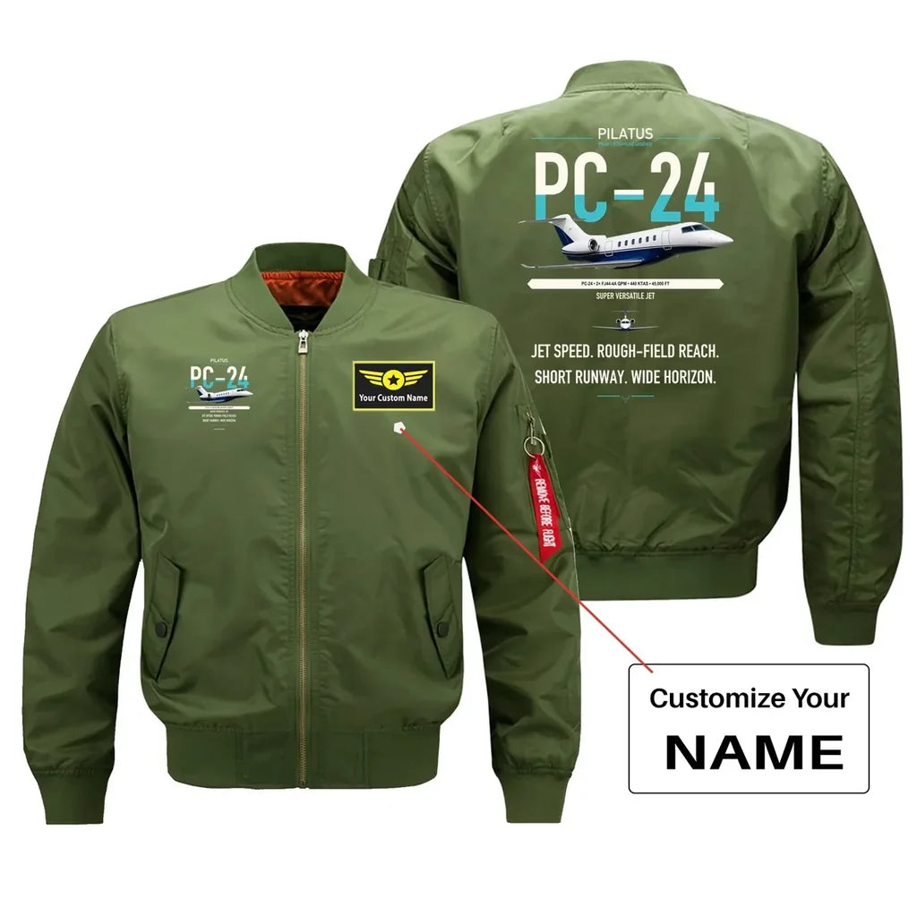 Pilatus PC-24 design on green+name bomber jacket, double-side print
