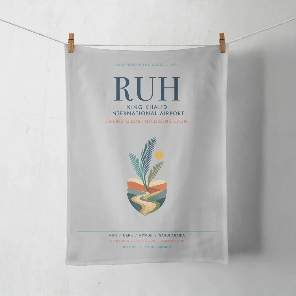 King Khalid International Airport (RUH) design on light gray towel