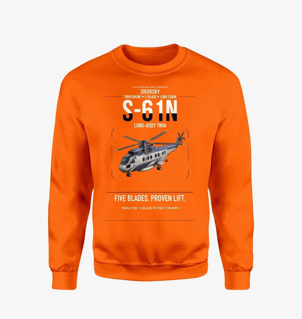 Sikorsky S-61N design on orange sweatshirt