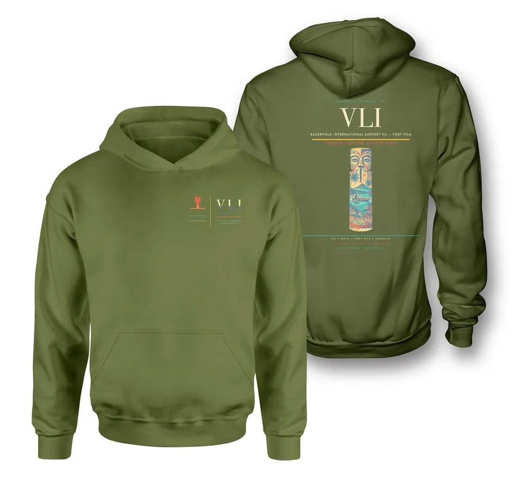 Bauerfield International Airport (VLI) design on green army double-side hoodie