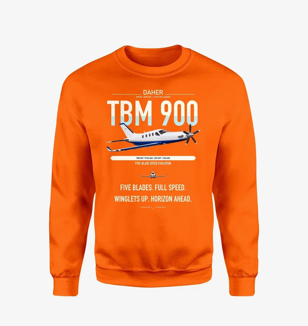 Daher TBM 900 design on orange sweatshirt