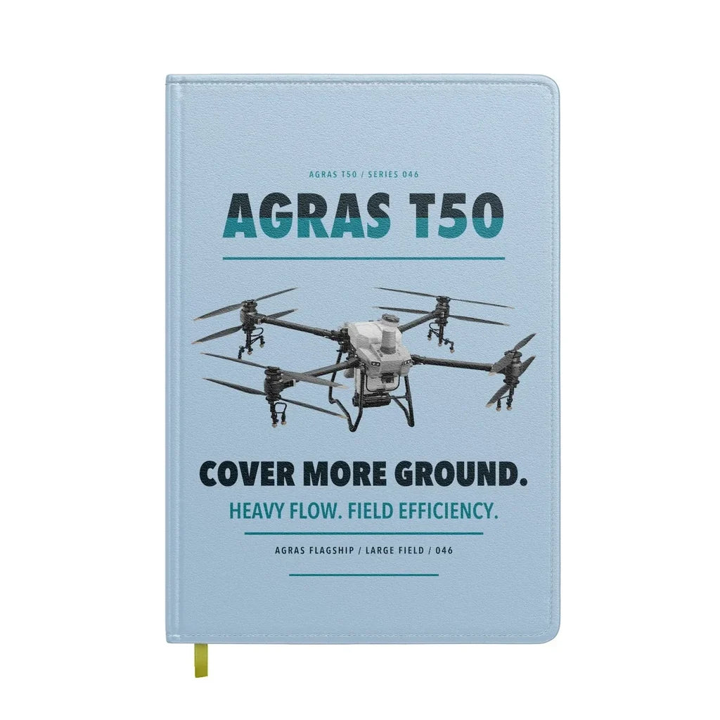 DJI Agras T50 design on light blue notebook