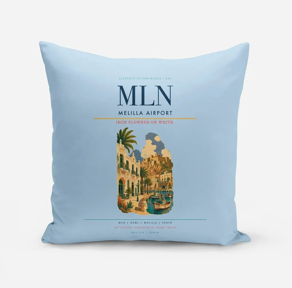 Melilla Airport (MLN) design on light blue pillow