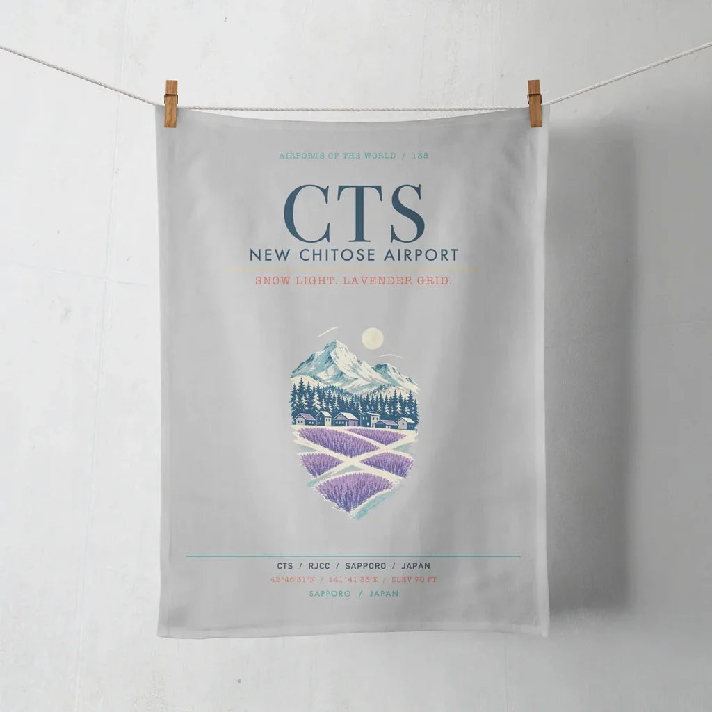 New Chitose Airport Sapporo (CTS) design on light gray towel