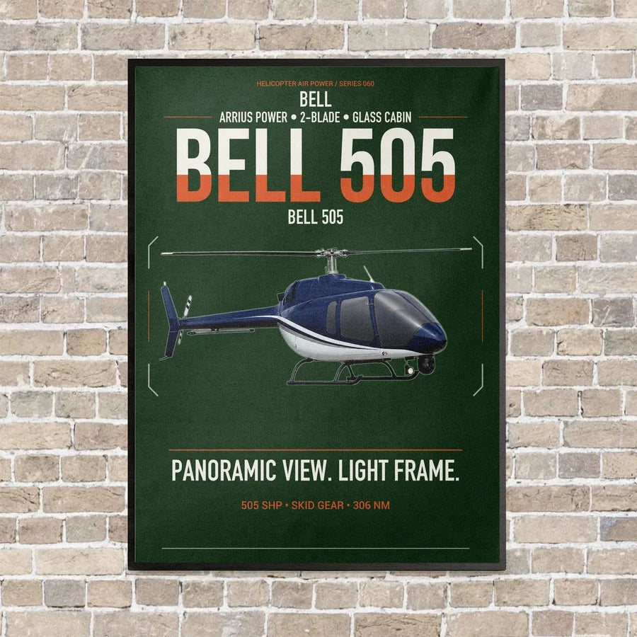 Bell 505 vertical canvas print - framed - dark green background