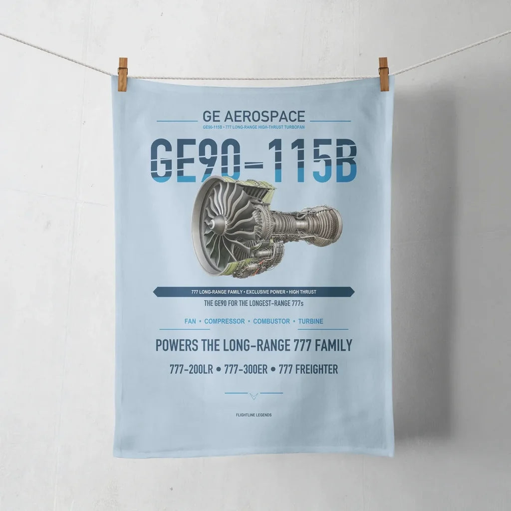 GE90-115B design on light blue towel