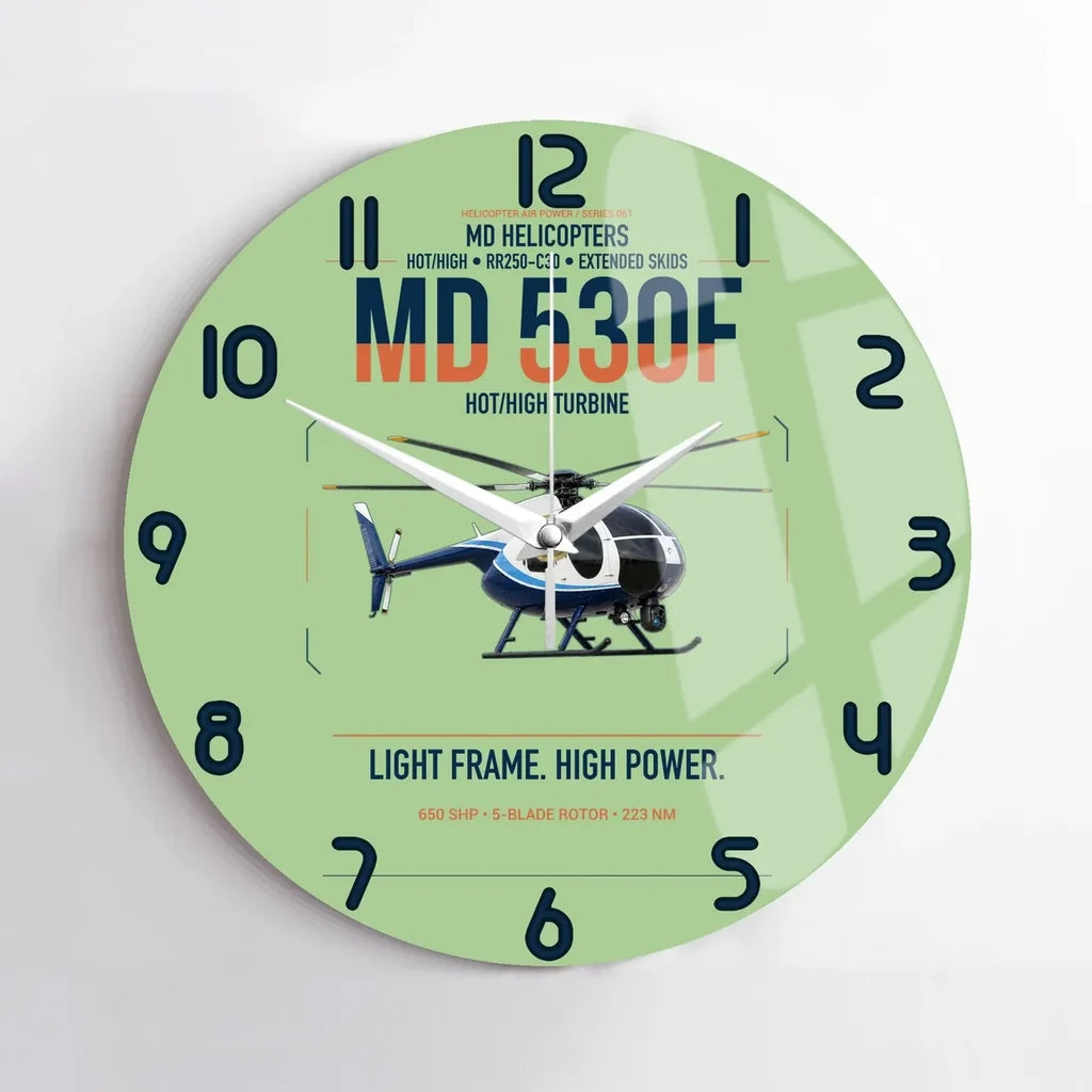 MD Helicopters MD 530F design on light green no frame wall clock
