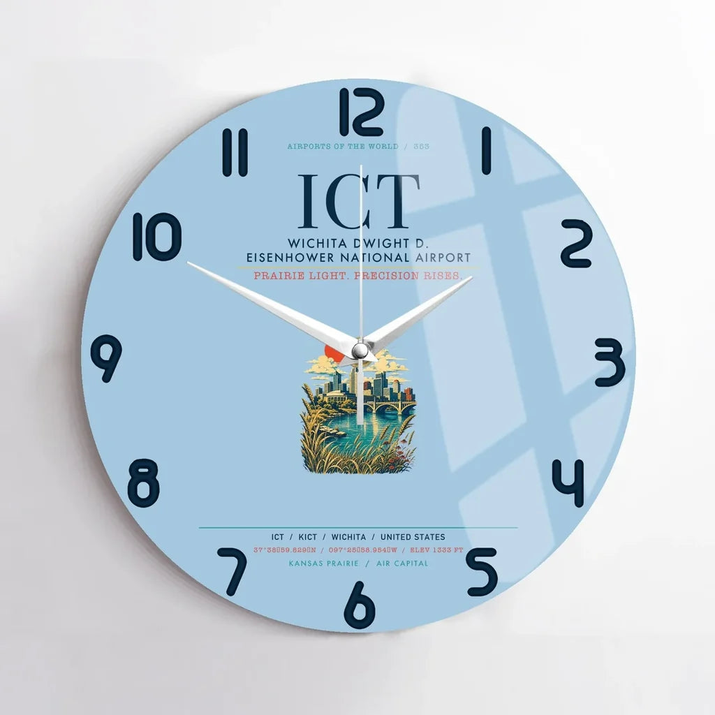 Wichita Dwight D. Eisenhower National Airport (ICT) design on light blue no frame wall clock