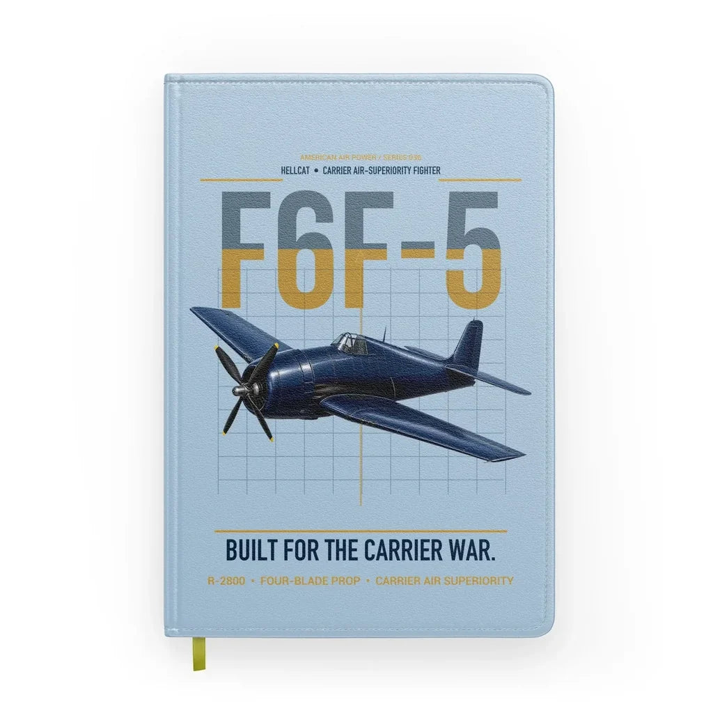 F6F-5 Hellcat design on light blue notebook