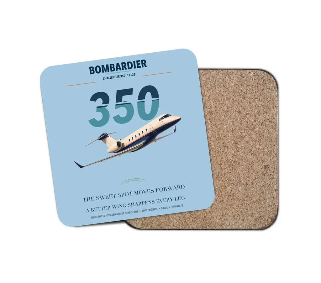 Bombardier Challenger 350 design on light blue 1 piece coaster