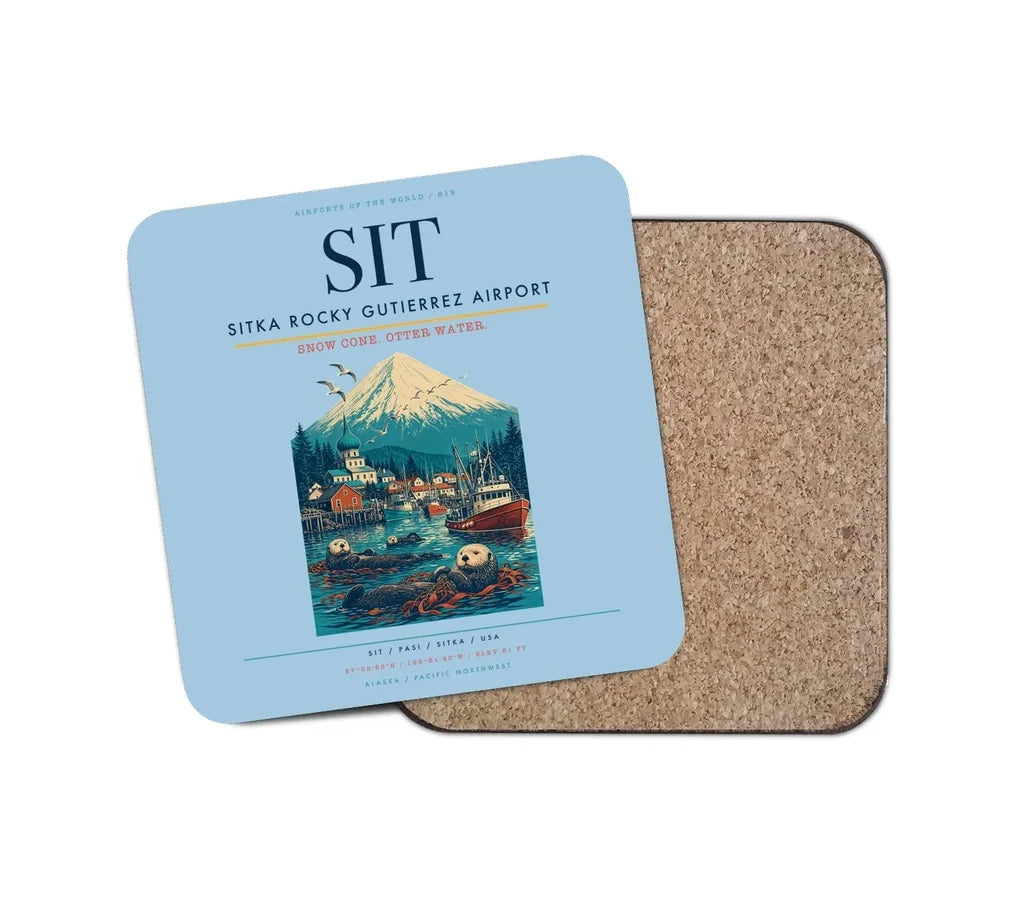Sitka Rocky Gutierrez Airport (SIT) design on light blue 1 piece coaster