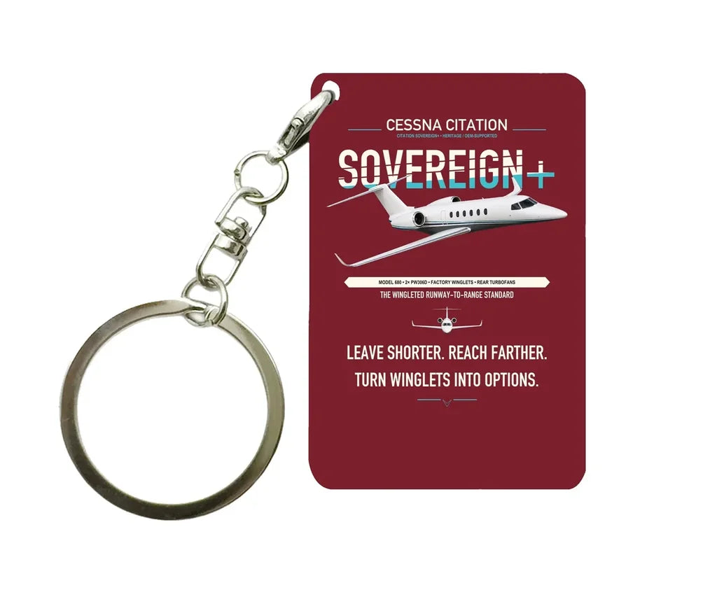 Cessna Citation Sovereign+ design on dark red designed key chain, double-side print