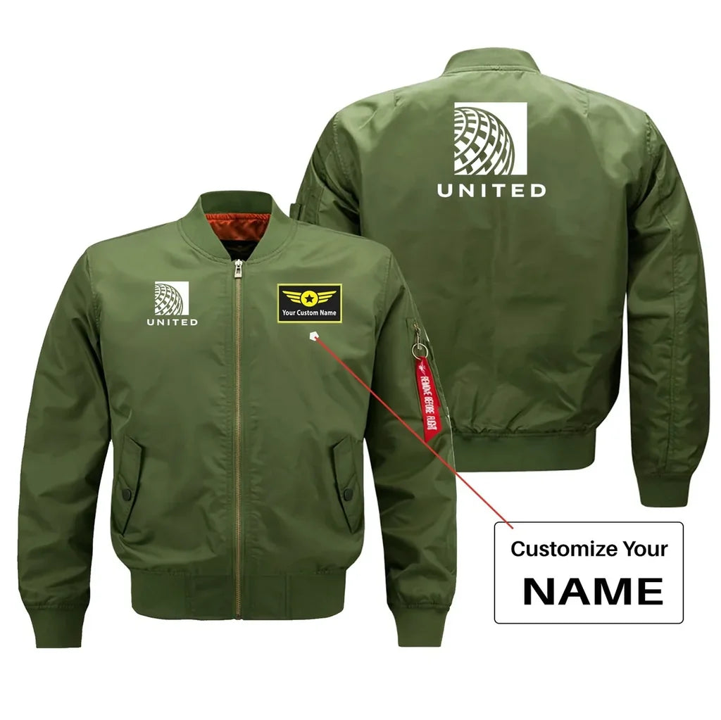 United Airlines aviation design with custom name embroidered on green bomber jacket