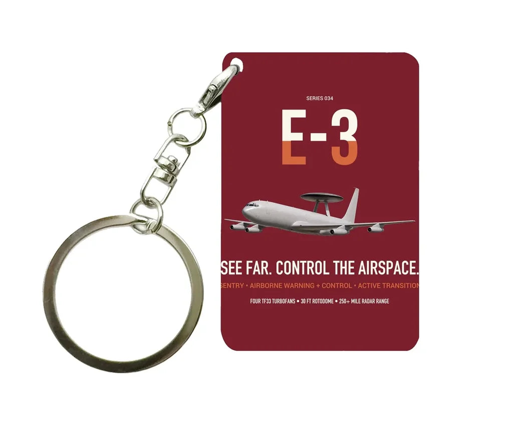E-3 Sentry AWACS design on dark red designed key chain, double-side print