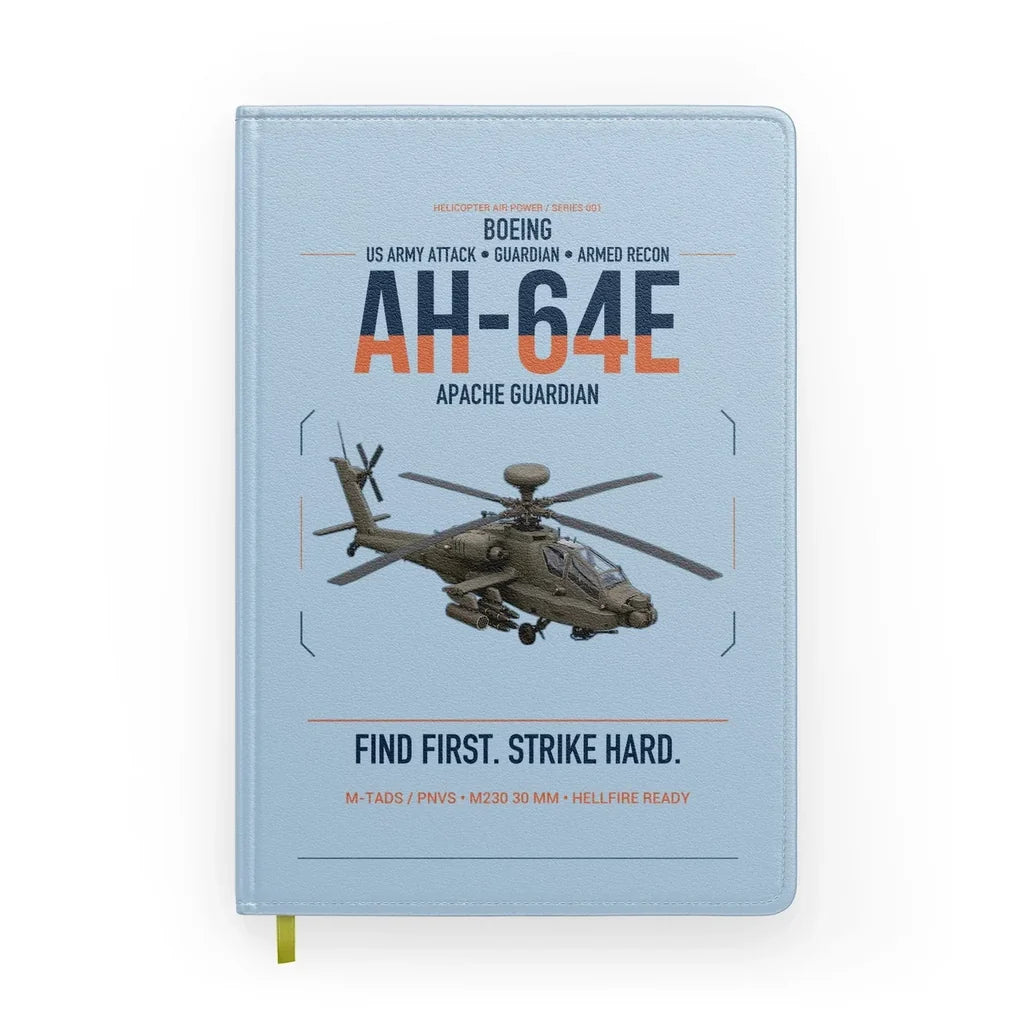 Boeing AH-64E Apache Guardian design on light blue notebook