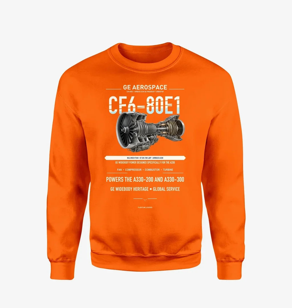 CF6-80E1 design on orange sweatshirt