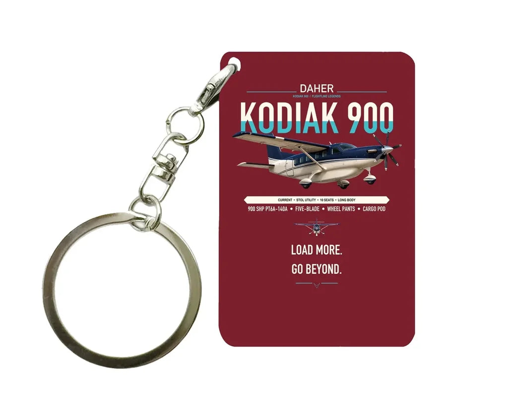 Daher Kodiak 900 design on dark red designed key chain, double-side print