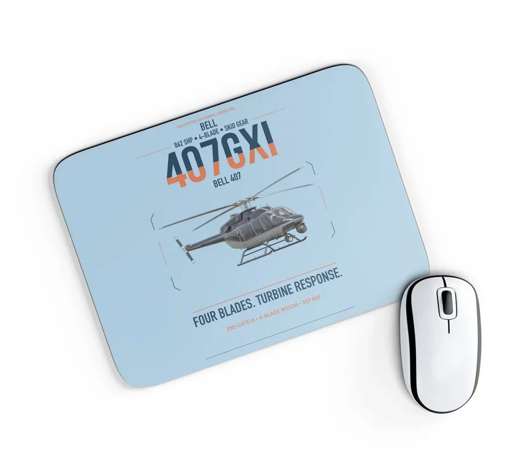 Bell 407GXi design on light blue rectangle mouse pad