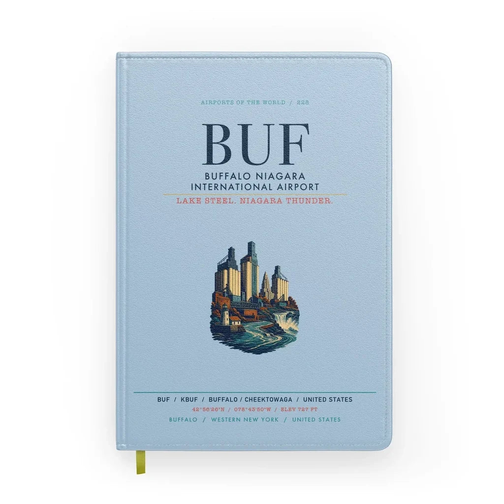 Buffalo Niagara International Airport (BUF) design on light blue notebook
