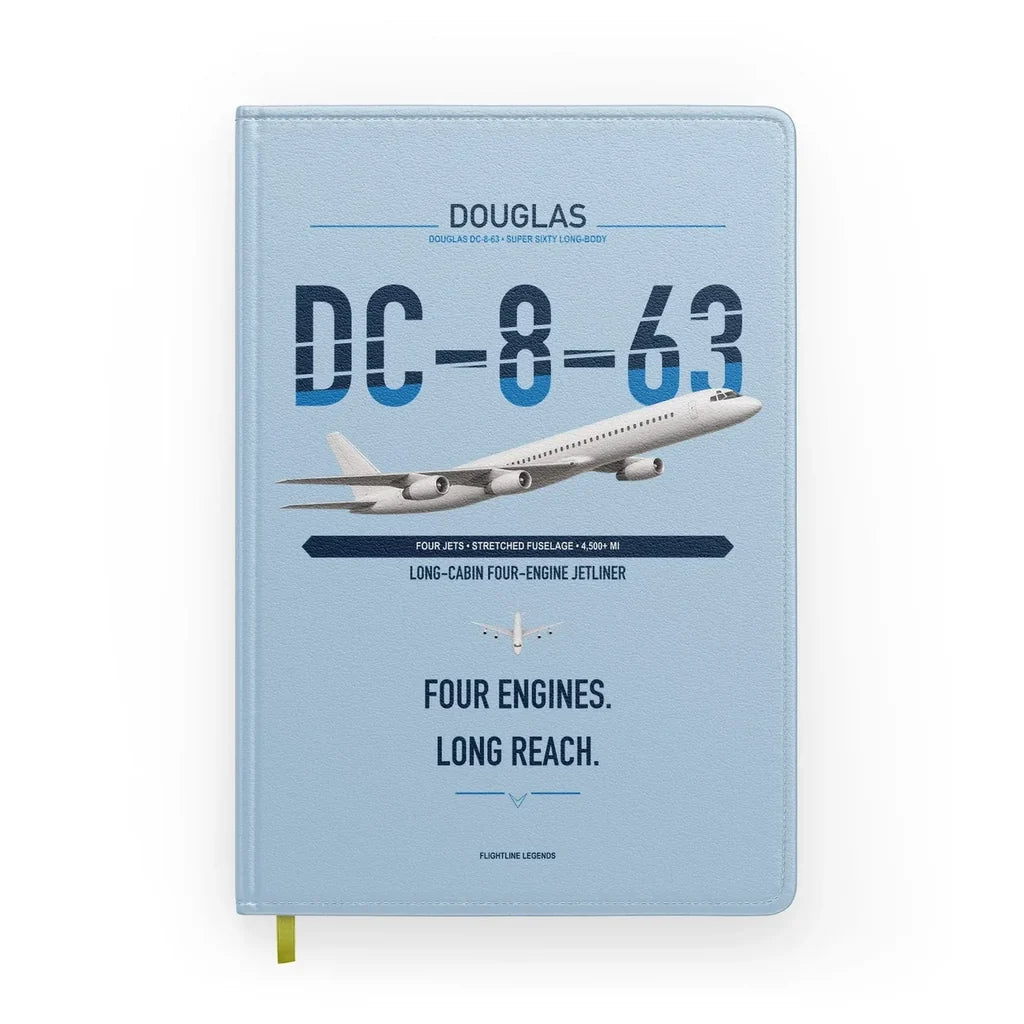 Douglas DC-8-63 design on light blue notebook