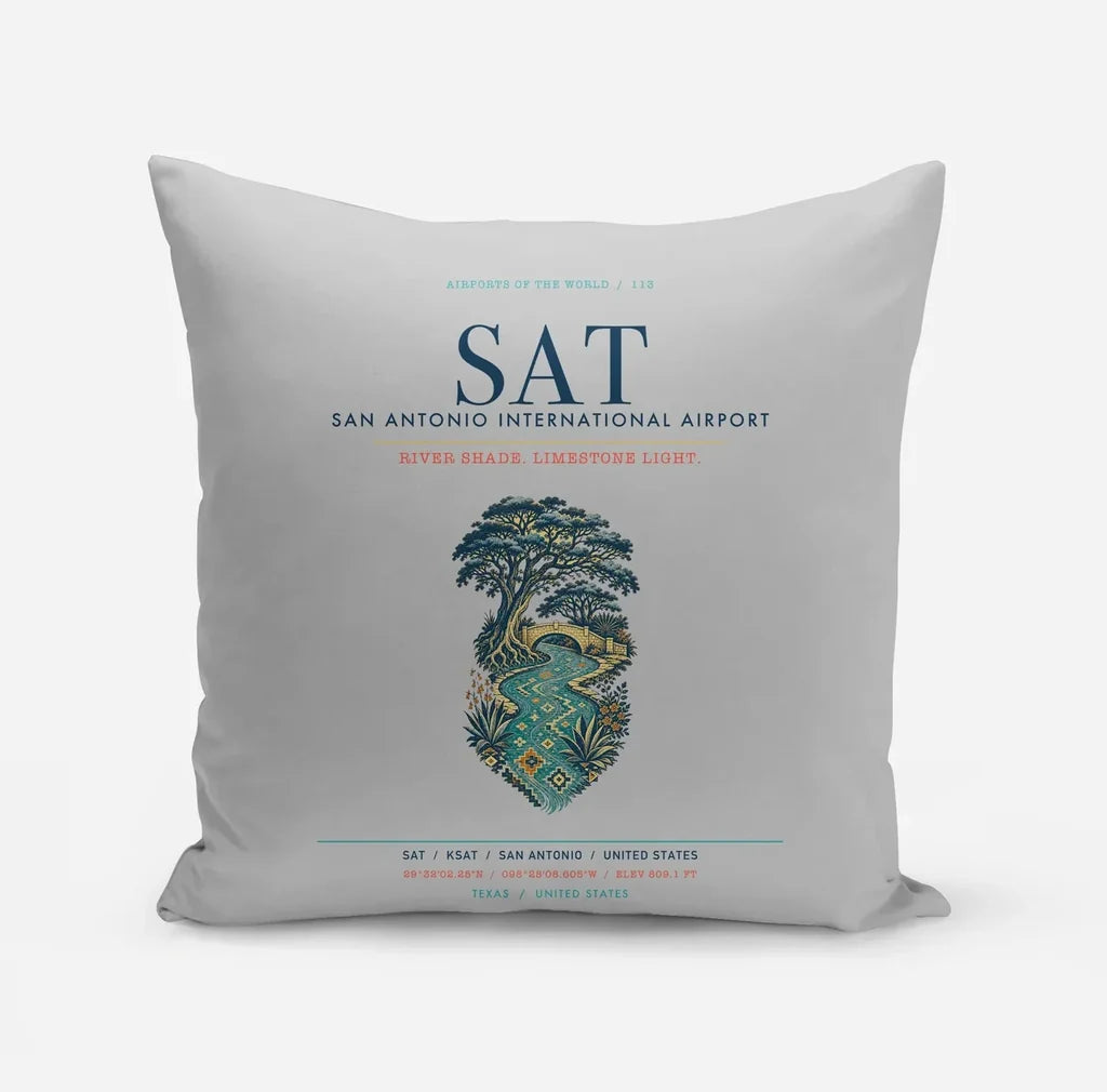 San Antonio International Airport (SAT) design on light gray pillow