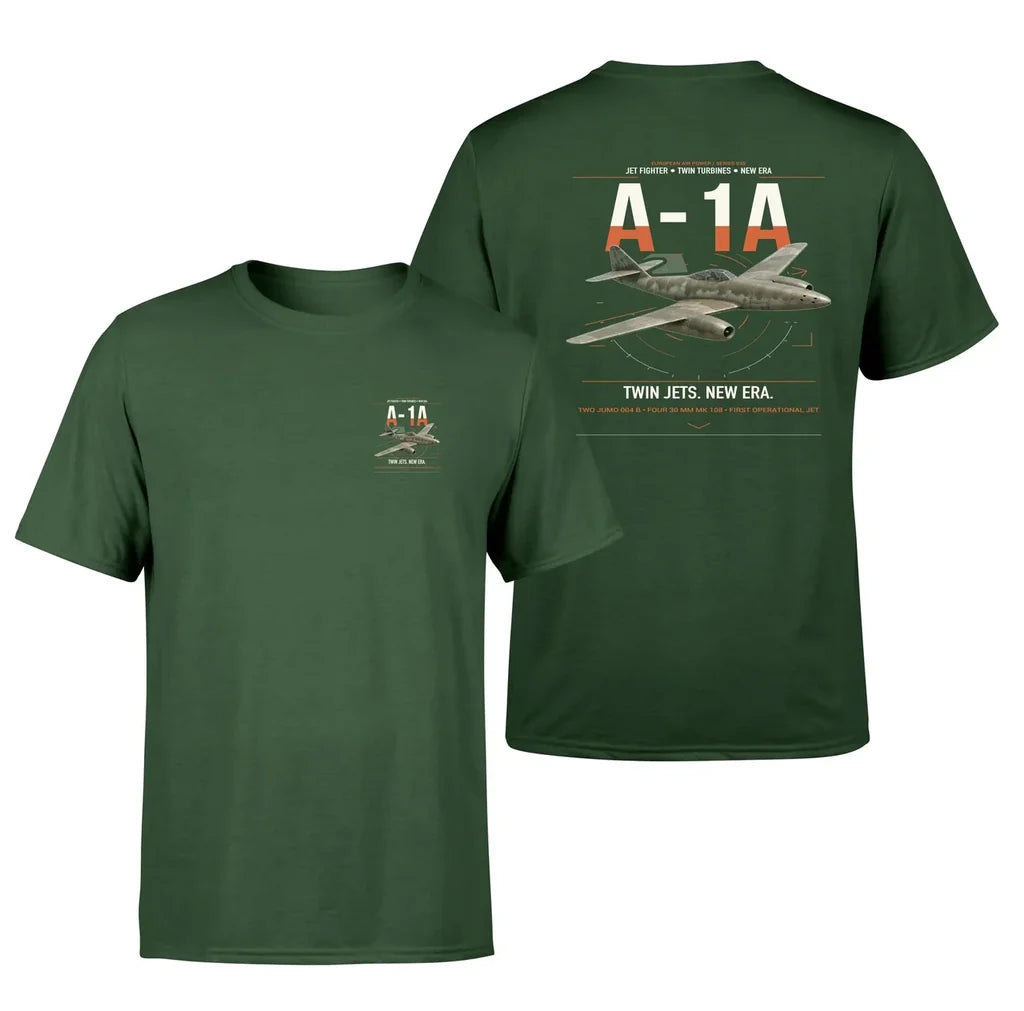 Messerschmitt Me 262A-1a design on dark green t-shirt, double-side print