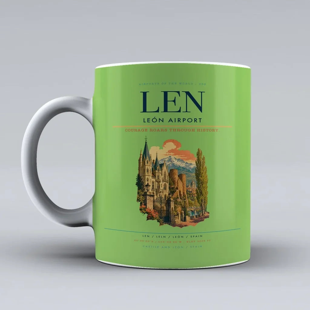 León Airport (LEN) airport code design on light green ceramic mug
