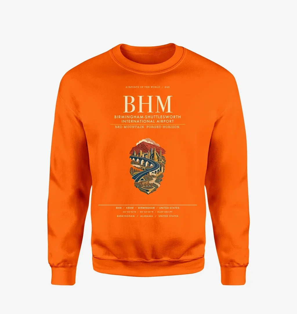Birmingham-Shuttlesworth International Airport (BHM) design on orange sweatshirt